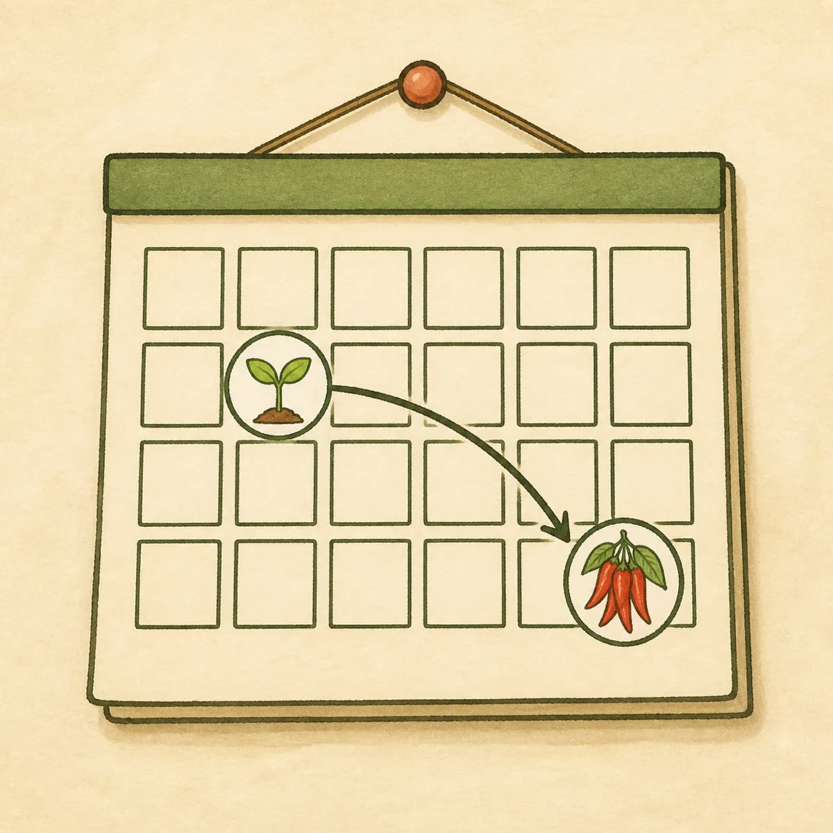 1: kalender dinding sederhana dengan lingkaran di hari tanam dan hari panen, gaya sketsa