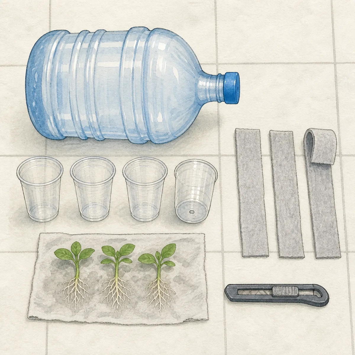 1: flat-lay galon kosong, gelas plastik, potongan kain flanel, dan bibit muda di lantai