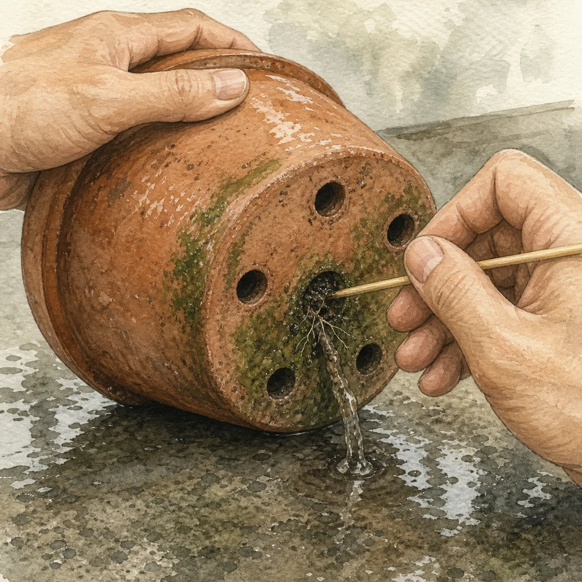 1: tangan memiringkan pot dan mengorek lubang drainase yang tersumbat dengan lidi, close-up