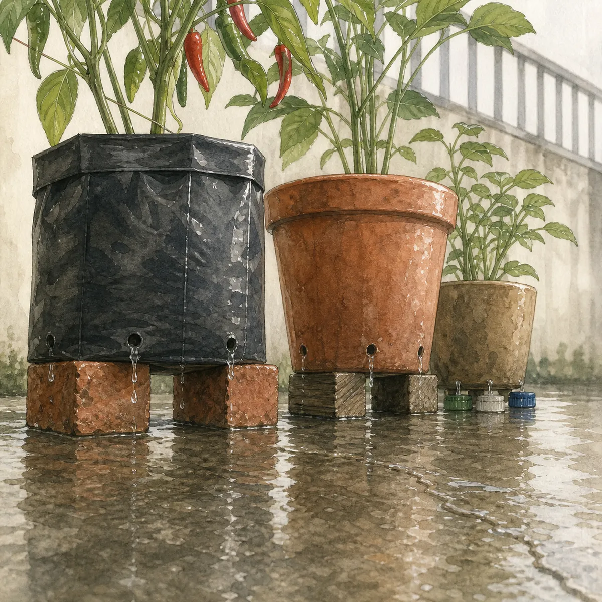 1: deretan polybag dan pot diganjal batu bata di lantai balkon yang basah