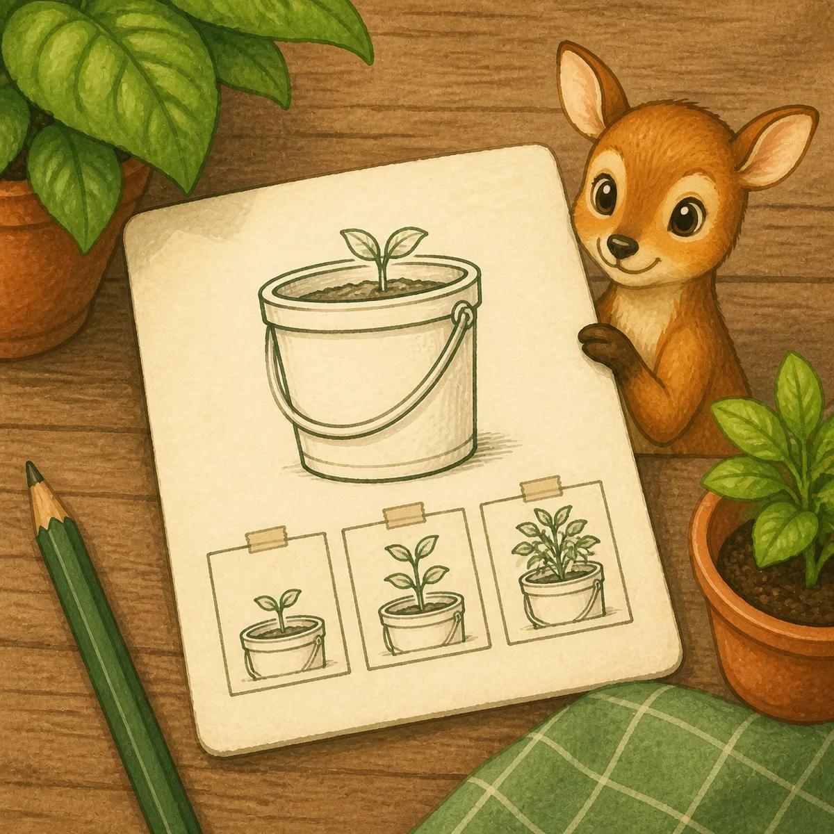 1: kartu ajakan dengan sketsa garis ember dan tunas, dominan warna pine dengan teks krem