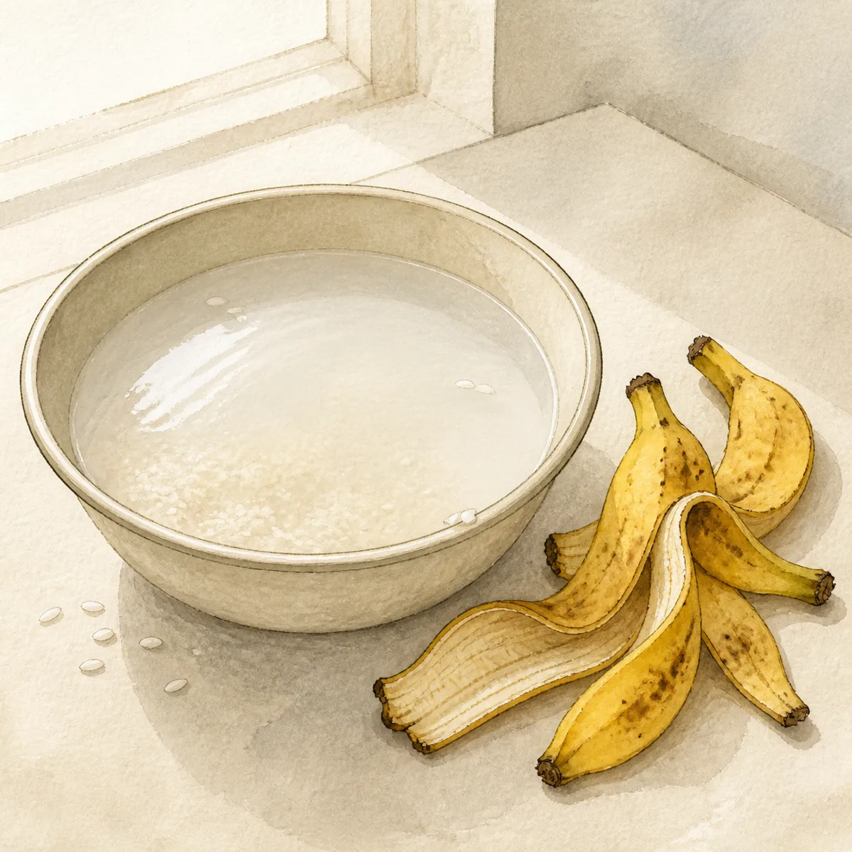 1: baskom air cucian beras putih keruh dan kulit pisang di meja dapur, cahaya jendela pagi