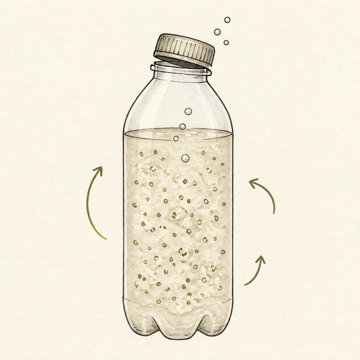 1: ilustrasi sederhana botol fermentasi dengan mikroba digambar sebagai titik-titik bekerja, gaya sketsa