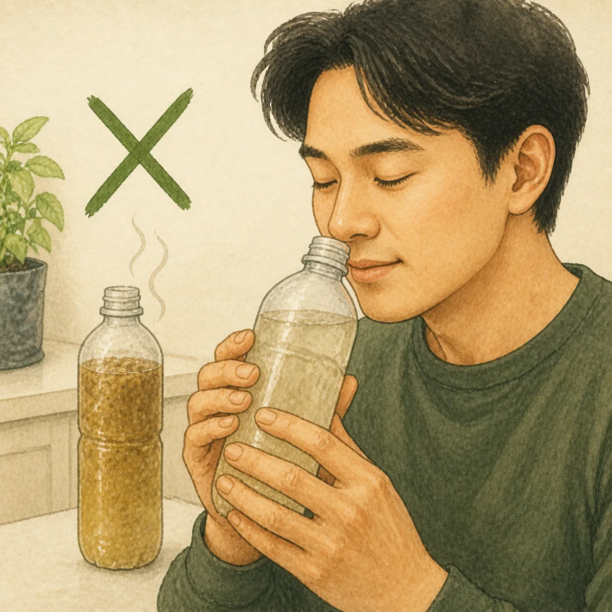 1: seseorang mencium mulut botol dengan ekspresi lega, botol kedua disilang di sampingnya